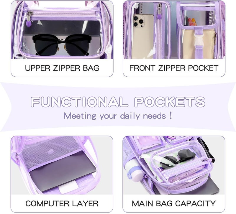 Cusangel Heavy Duty Clear Backpack Clear BookBag,16.5 x12 x5inch TPU Large Capacity See Through Backpack for Sport Events,Travel (Purple) - Image 3
